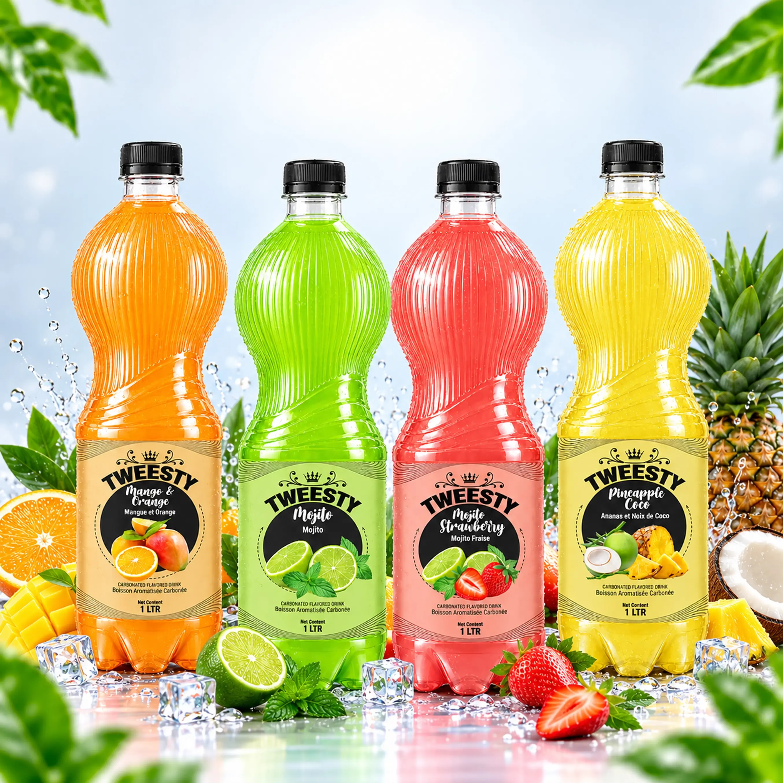 TWEESTY assorted carbonated flavoured drinks in Mango Orange, Mojito Strawberry, Strawberry Orange, Mojito, Mango Peach, Pomegranate and Pineapple Coco flavours, 1L PET bottles
